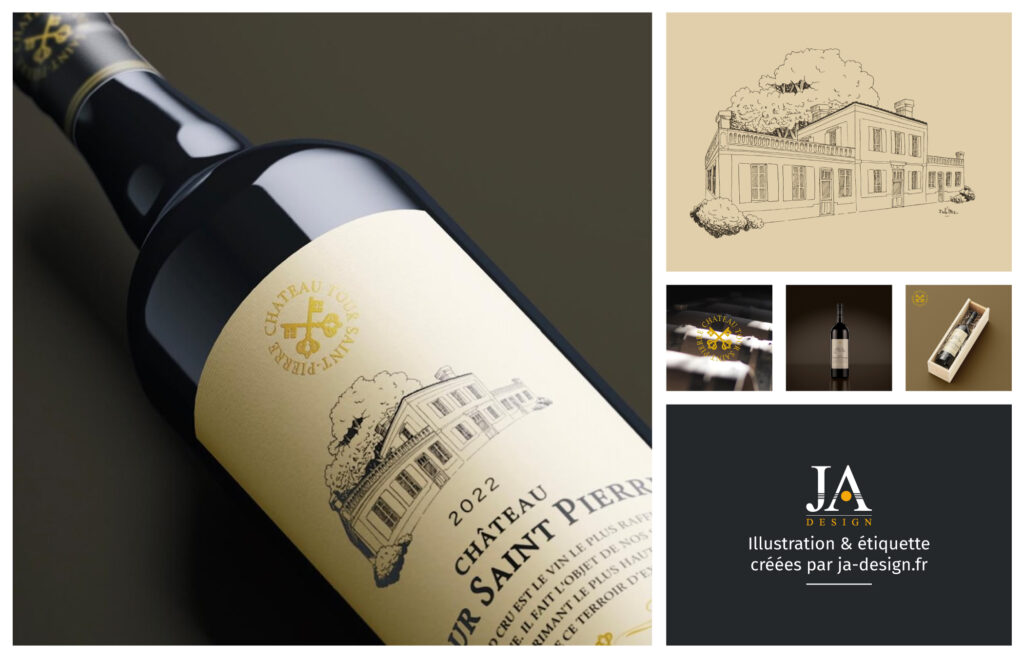 Création d'une étiquette et d'une illustration sur mesure d'un château et domaine, pour une bouteille de vin de Saint-Emilion, Tour-Saint-Pierre, en collaboration avec Oenographe - Création d'Étiquette sur Mesure pour le Vin par JA Design