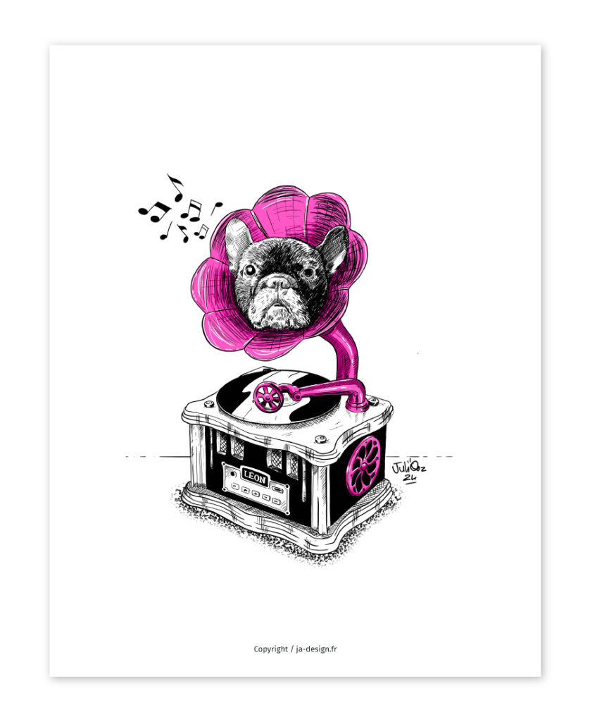 Illustration au trait d'un Bouledogue français mixé à un Gramophone par l'artiste JA Design Juliooz