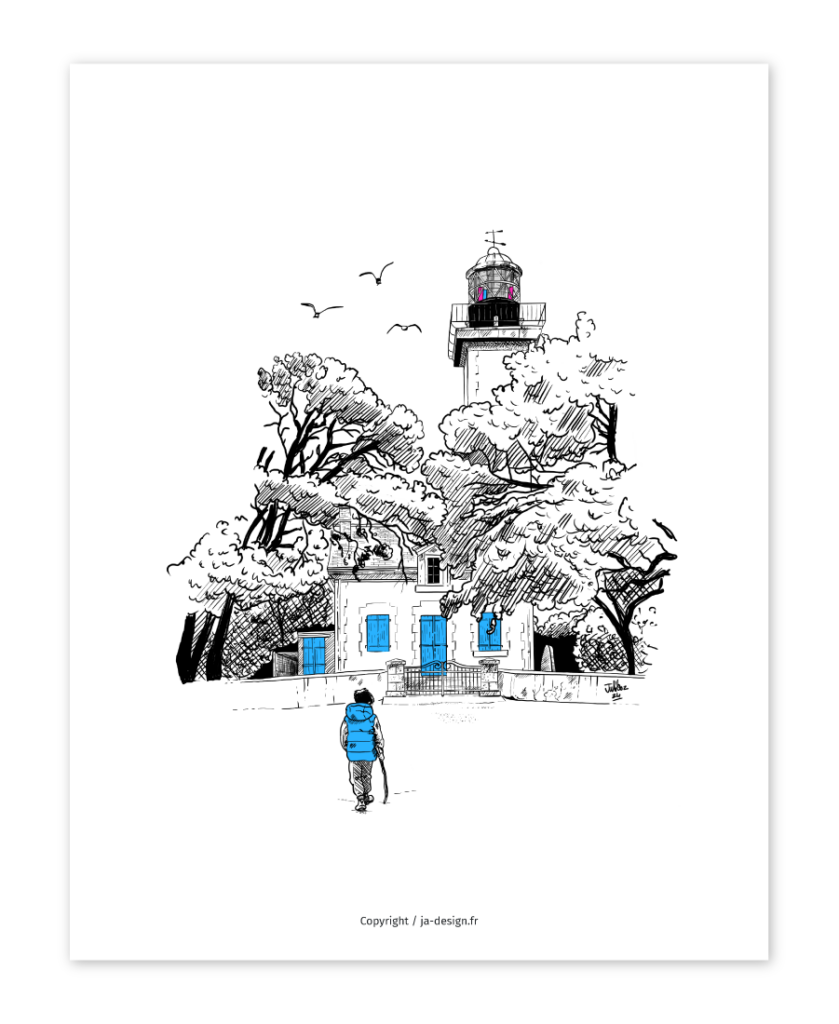 Illustration au trait d'un paysage de Noirmoutier, le phare de la plage des Dames par l'artiste JA Design Juliooz