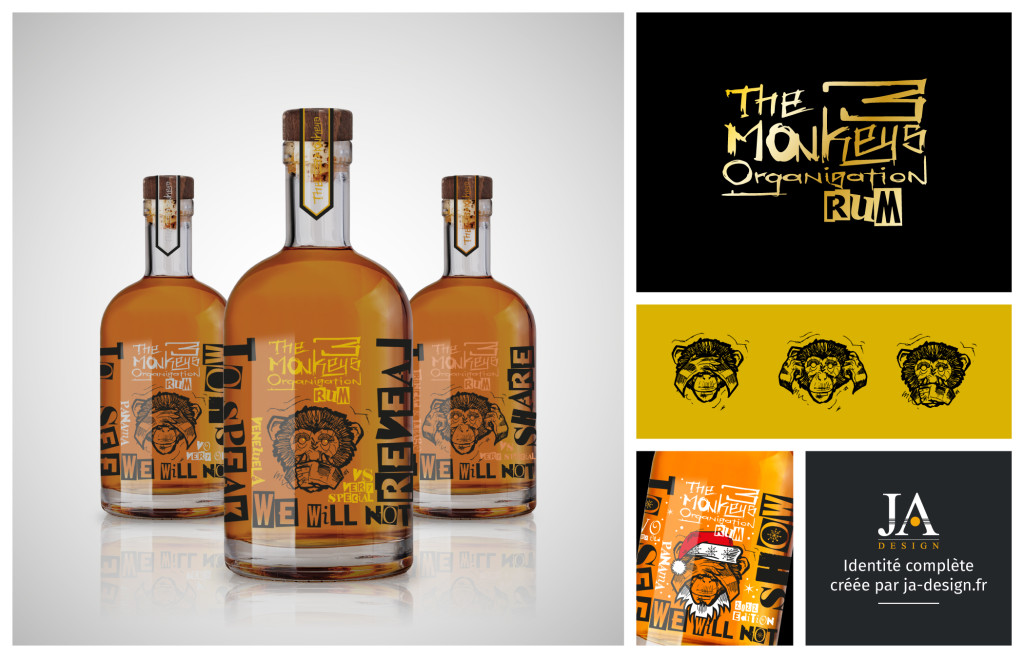 Création d'une étiquette pour une bouteille de rhum de la marque The 3 Monkeys Organisation par JA Design - Graphiste freelance Bordeaux